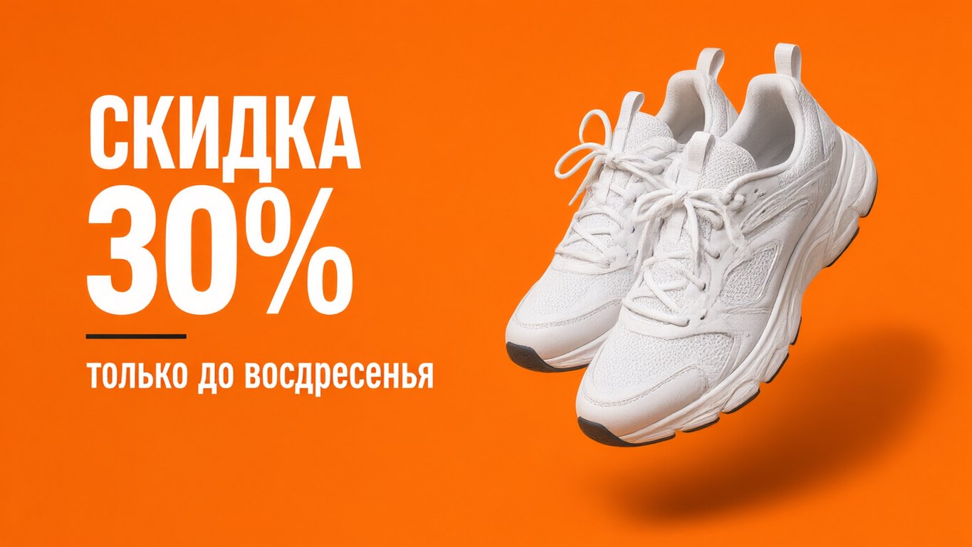 Рекламный баннер Qwen Image: кроссовки и надпись «Скидка 30%»