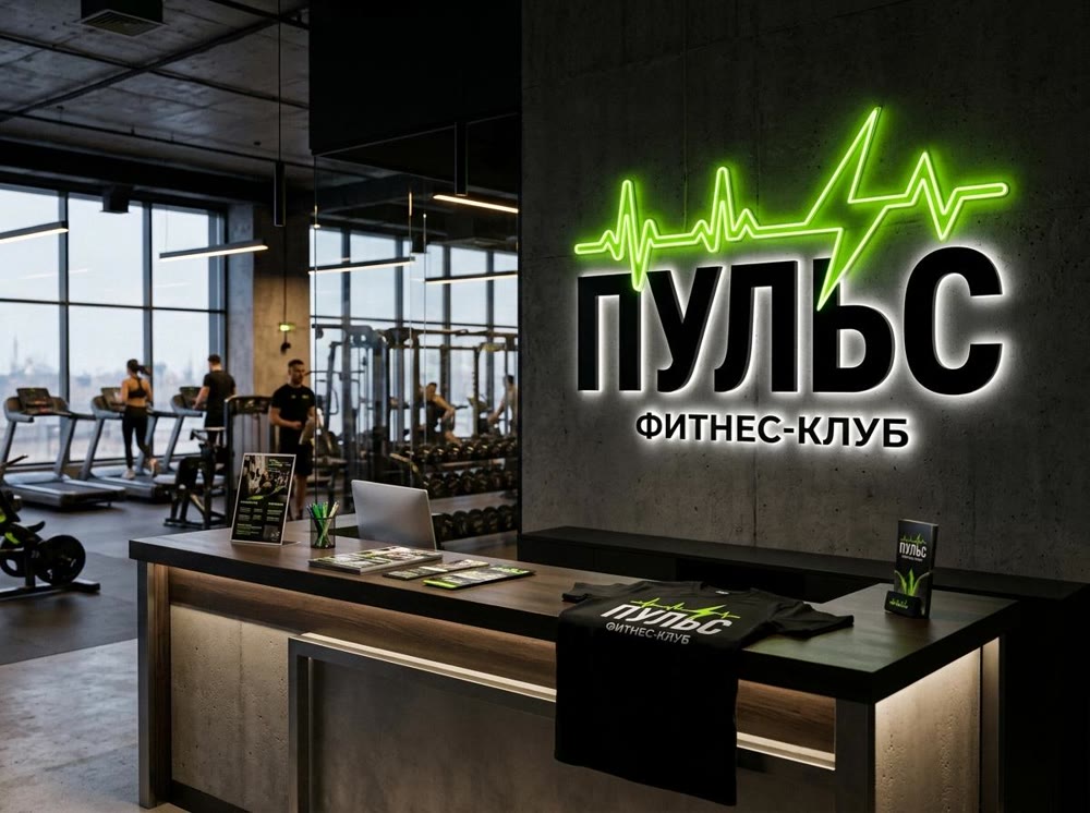 Логотип фитнес-клуба на неоновой вывеске и футболке – макет в Nano Banana